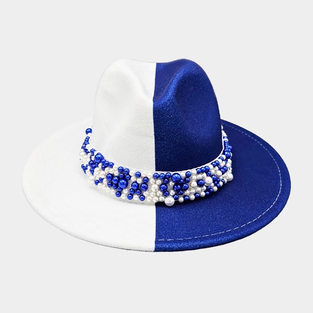 Blue & White Pearl Embellished Band Pointed Fedora Hat